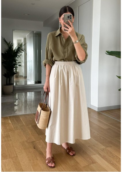 Siyah Beli Lastikli Poplin Yandan Cepli Etek