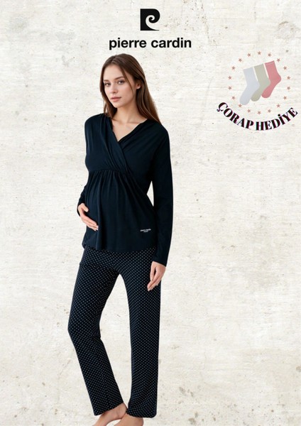 Kadın Hamile Giyim Pamuklu & Modal Uzun Kol Kutulu Pijama Takımı (Çorap Hediyeli) L1.PC.909.4.001