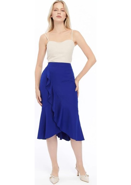 Kadın Saks Mevsimlik Volanlı Midi Boy Krep Etek 2123-80