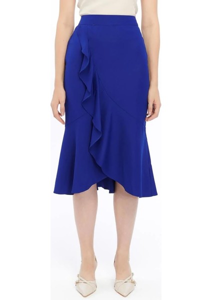 Kadın Saks Mevsimlik Volanlı Midi Boy Krep Etek 2123-80