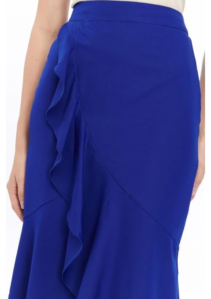 Kadın Saks Mevsimlik Volanlı Midi Boy Krep Etek 2123-80