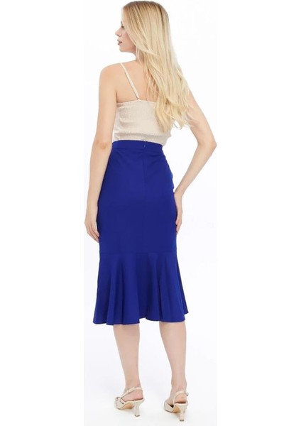 Kadın Saks Mevsimlik Volanlı Midi Boy Krep Etek 2123-80