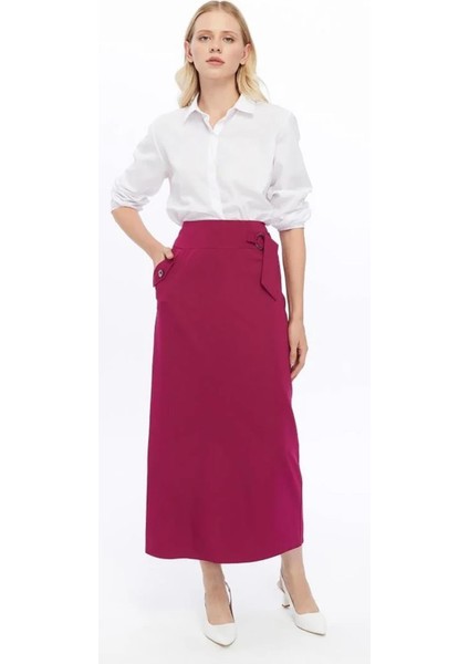 Kadın Fuşya Cep Detaylı Mevsimlik Poliviskon Kalem Uzun Etek 2107-95