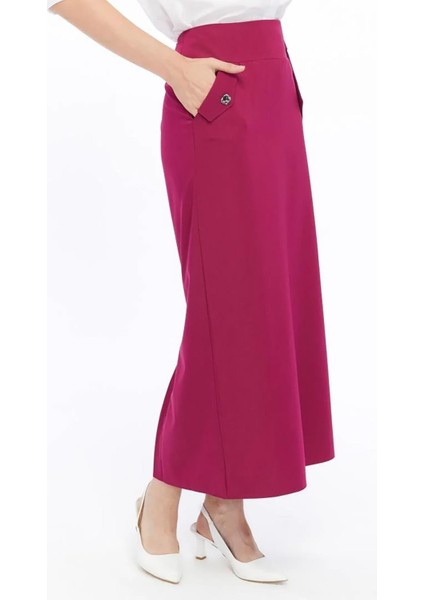 Kadın Fuşya Cep Detaylı Mevsimlik Poliviskon Kalem Uzun Etek 2107-95