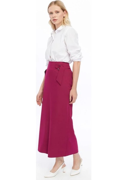 Kadın Fuşya Cep Detaylı Mevsimlik Poliviskon Kalem Uzun Etek 2107-95