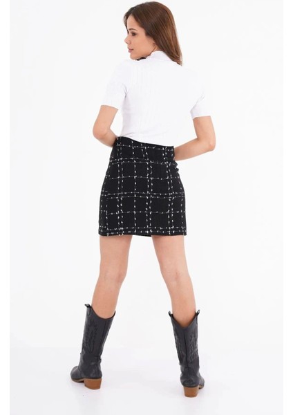 Kadın Siyah Tüvit Kumaş Mini Dokuma Etek 2190-45