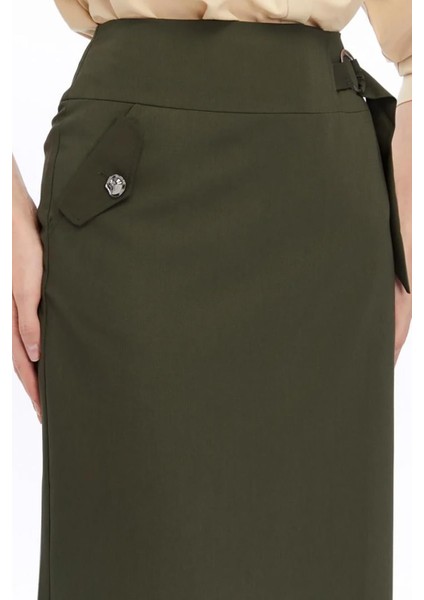 Kadın Haki Cep Detaylı Poliviskon Kalem Etek 2107-95