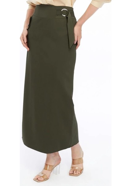 Kadın Haki Cep Detaylı Poliviskon Kalem Etek 2107-95
