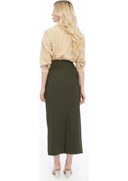 Kadın Haki Cep Detaylı Poliviskon Kalem Etek 2107-95
