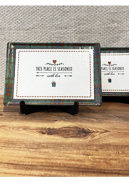 Yeşil Desenli Yazılı Dikdörtgen Porselen Sunum Tabağı 2’li Set