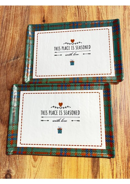 Yeşil Desenli Yazılı Dikdörtgen Porselen Sunum Tabağı 2’li Set modelleri