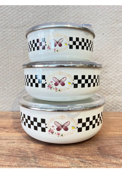 Kelebek Desenli 3’lü Emaye Saklama Kabı Seti – Vakumlu Kapaklı