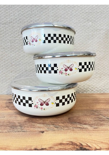 Kelebek Desenli 3’lü Emaye Saklama Kabı Seti – Vakumlu Kapaklı fiyatları