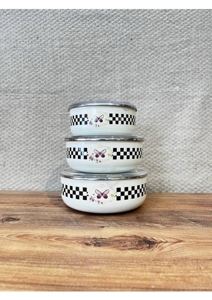 Kelebek Desenli 3’lü Emaye Saklama Kabı Seti – Vakumlu Kapaklı modelleri