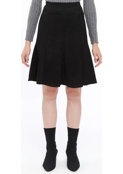 Kadın Siyah Kışlık Parçalı Midi Boy Kloş Süet Etek 2154-60