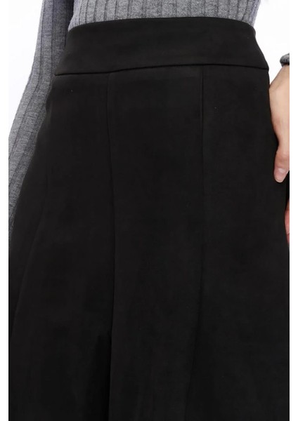 Kadın Siyah Kışlık Parçalı Midi Boy Kloş Süet Etek 2154-60