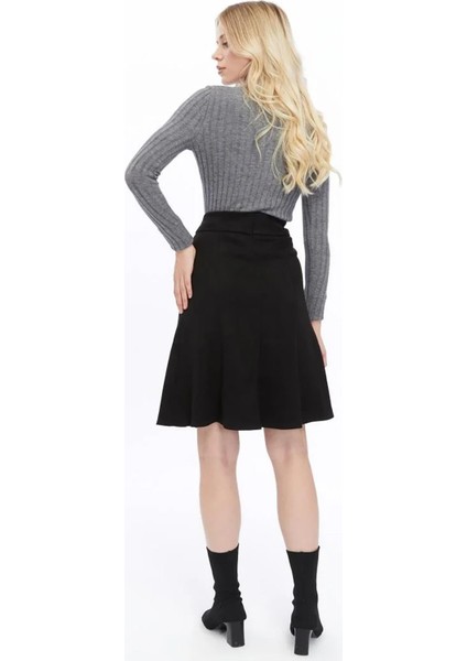 Kadın Siyah Kışlık Parçalı Midi Boy Kloş Süet Etek 2154-60