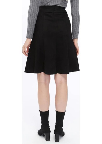 Kadın Siyah Kışlık Parçalı Midi Boy Kloş Süet Etek 2154-60