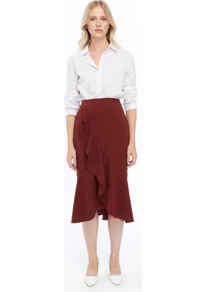 Kadın Tarçın Mevsimlik Volanlı Midi Boy Krep Eetek 2123-80