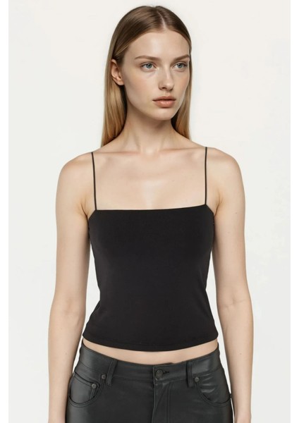 Kadın Kare Yaka Crop Top Black