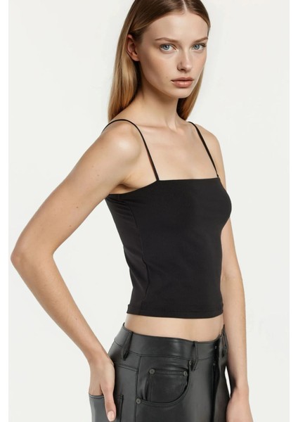 Kadın Kare Yaka Crop Top Black