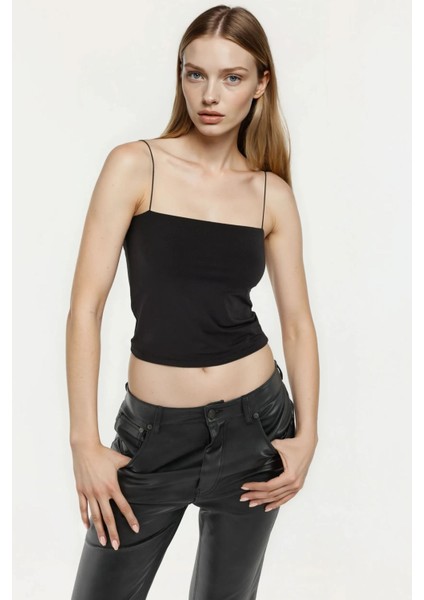 Kadın Kare Yaka Crop Top Black