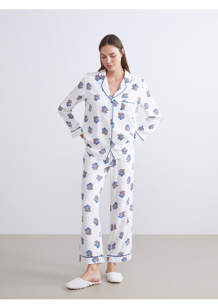 Yeni Sezon Gömlek Yaka Çiçekli Kadın Pijama Takımı