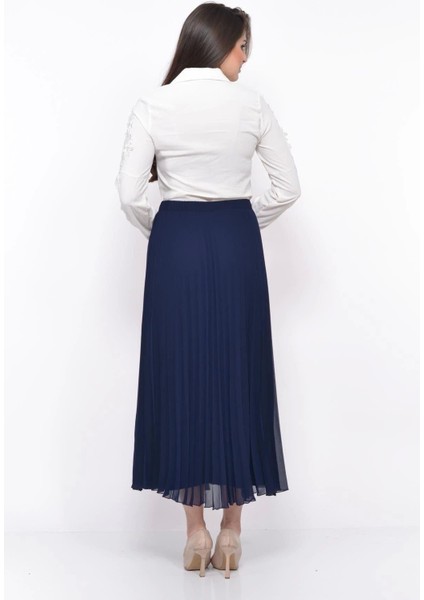 Kadın Lacivert Yüksek Bel Pliseli Uzun Şifon Etek 2183-95
