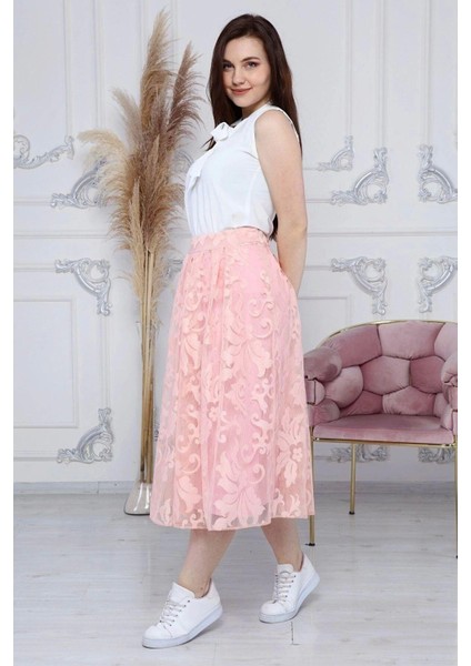 Kadın Pudra Pile Detaylı Kloş Uzun Boy Dantel Yazlık Etek 2170-80