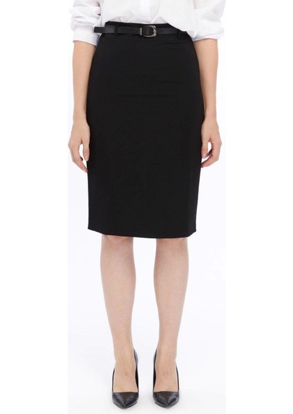 Kadın Siyah Kemer Detaylı Likralı Ofis Kalem Etek 1580-63