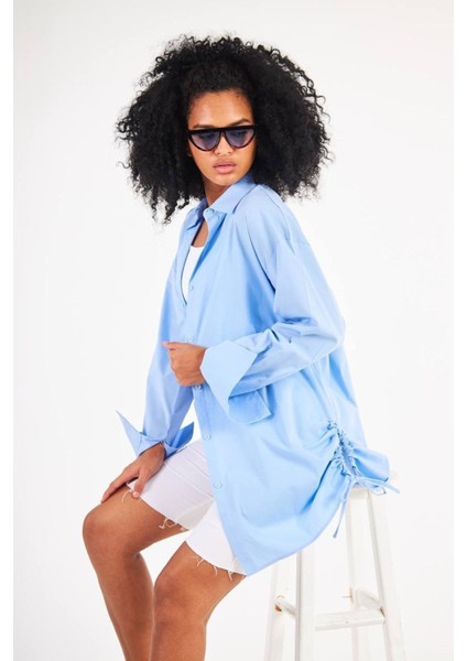 Mavi Gömlek Poplin Yan Büzgülü