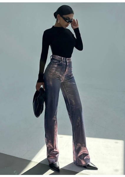 Gümüş Varaklı Palazzo Kot Pantolon Jeans