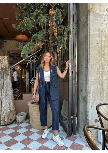 Ekru Renk Premium Boy Fit Kadın Pantolon Kolsuz Ceket Yelek Takımı Atlas Kumaş