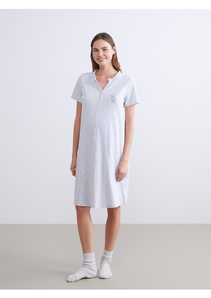 Yeni Sezon Gömlek Yaka Kalp Desenli Hamile Gecelik