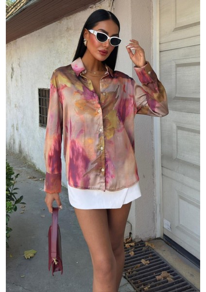 Batik Desenli Saten Gömlek -Multi