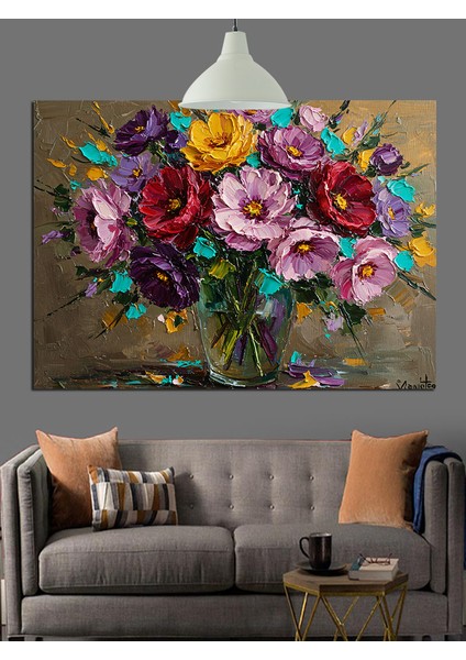 Parlak Renkli Çiçeklerden Oluşmuş Buket Dekoratif Kanvas - Mdf Ahşap Tablo