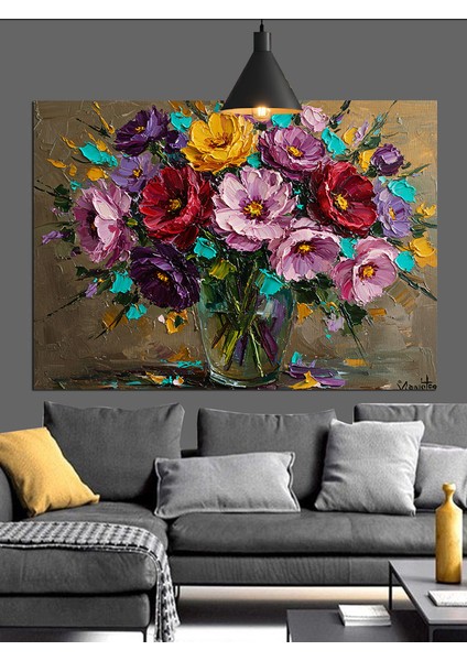 Parlak Renkli Çiçeklerden Oluşmuş Buket Dekoratif Kanvas - Mdf Ahşap Tablo fiyatları