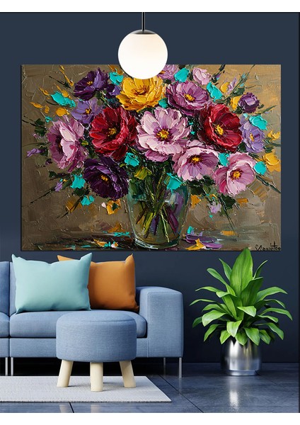 Parlak Renkli Çiçeklerden Oluşmuş Buket Dekoratif Kanvas - Mdf Ahşap Tablo fırsatları