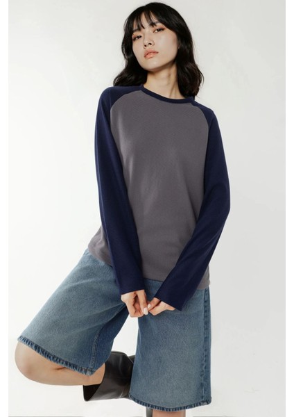 Kadın Bisiklet Yaka Raglan Uzun Kol Waffle Üst Grey