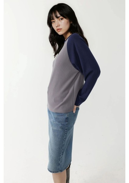 Kadın Bisiklet Yaka Raglan Uzun Kol Waffle Üst Grey