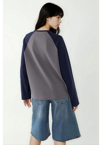 Kadın Bisiklet Yaka Raglan Uzun Kol Waffle Üst Grey