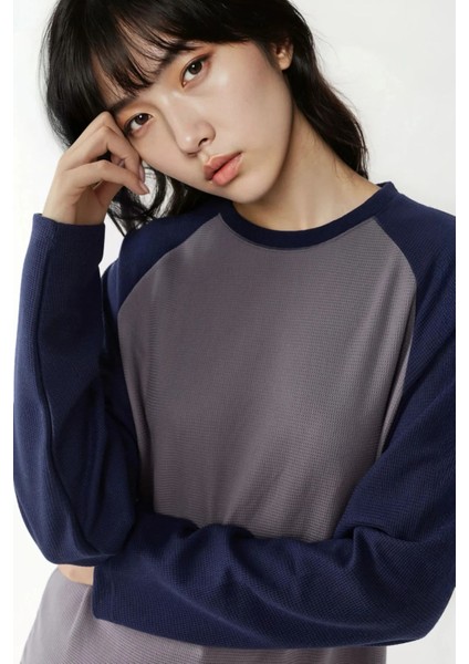 Kadın Bisiklet Yaka Raglan Uzun Kol Waffle Üst Grey
