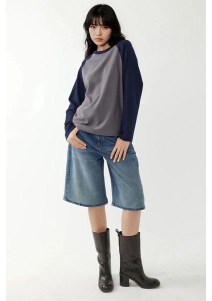 Kadın Bisiklet Yaka Raglan Uzun Kol Waffle Üst Grey