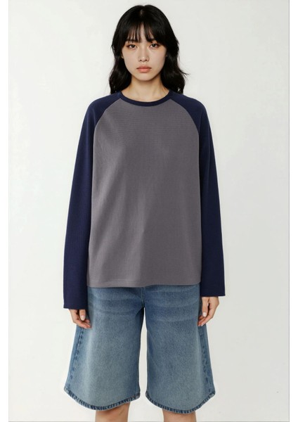 Kadın Bisiklet Yaka Raglan Uzun Kol Waffle Üst Grey
