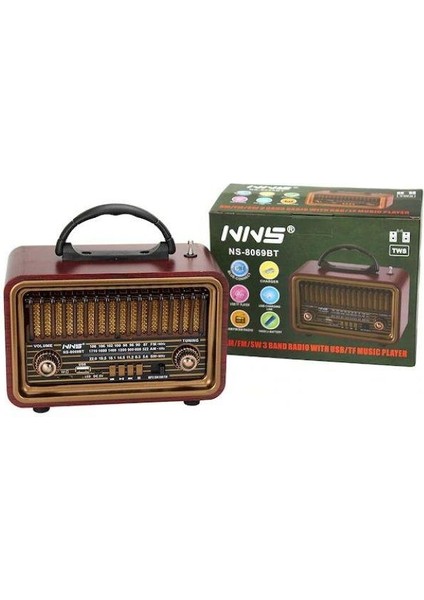 NS-8069 Retro, Nostaljik, Ahşap Tasarım Bluetooth Hoparlörlü, Şarjlı, Taşınabilir Fm/am Destekli Radyo