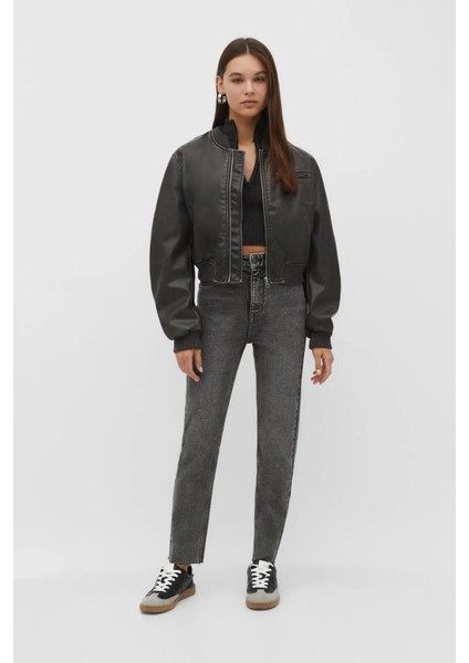 Gri Likrasız Mom Jean Pantolon modelleri