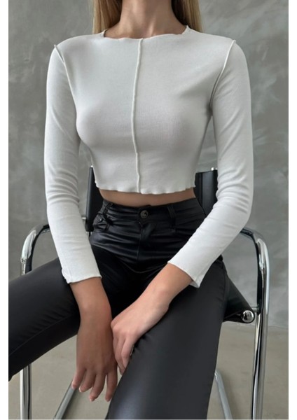 Dikişli ve Likralı Uzun Kol Ekru Crop