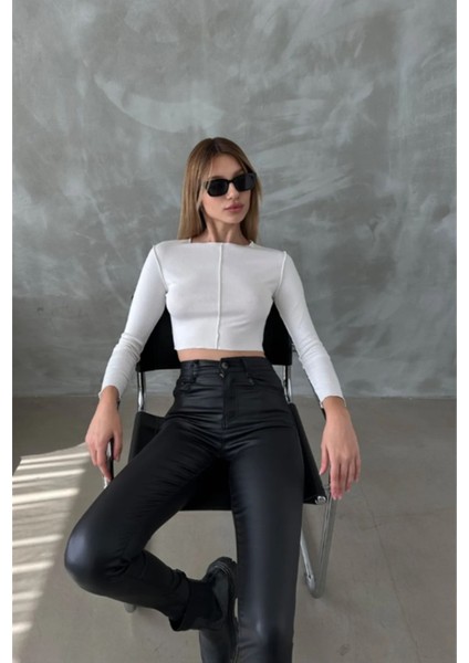 Dikişli ve Likralı Uzun Kol Ekru Crop fiyatları