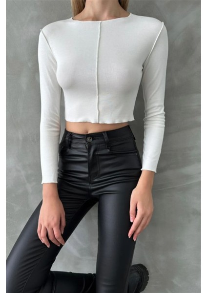 Dikişli ve Likralı Uzun Kol Ekru Crop modelleri