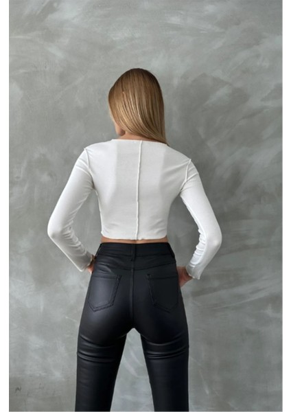 Dikişli ve Likralı Uzun Kol Ekru Crop fırsatları